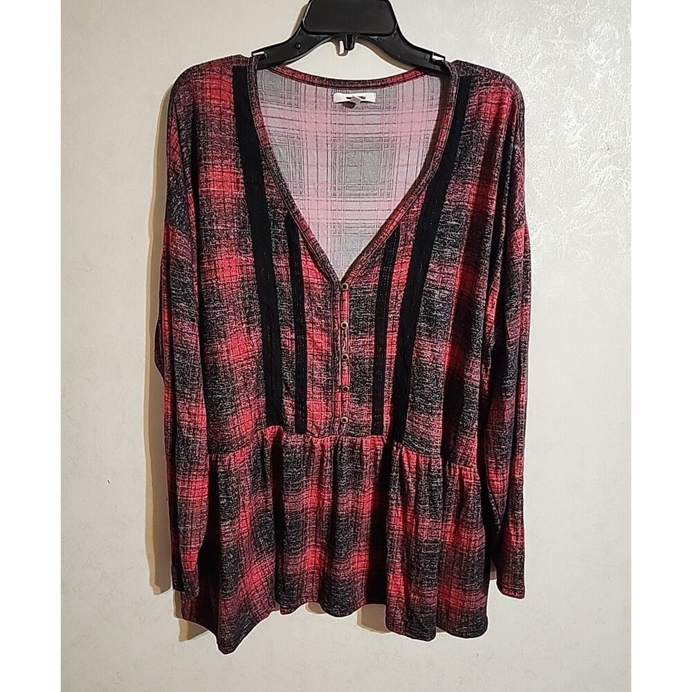 Maurices Womens Baby Doll Top 3/4 Sleeve Red Plaid Lace Strips Button Chest 2X